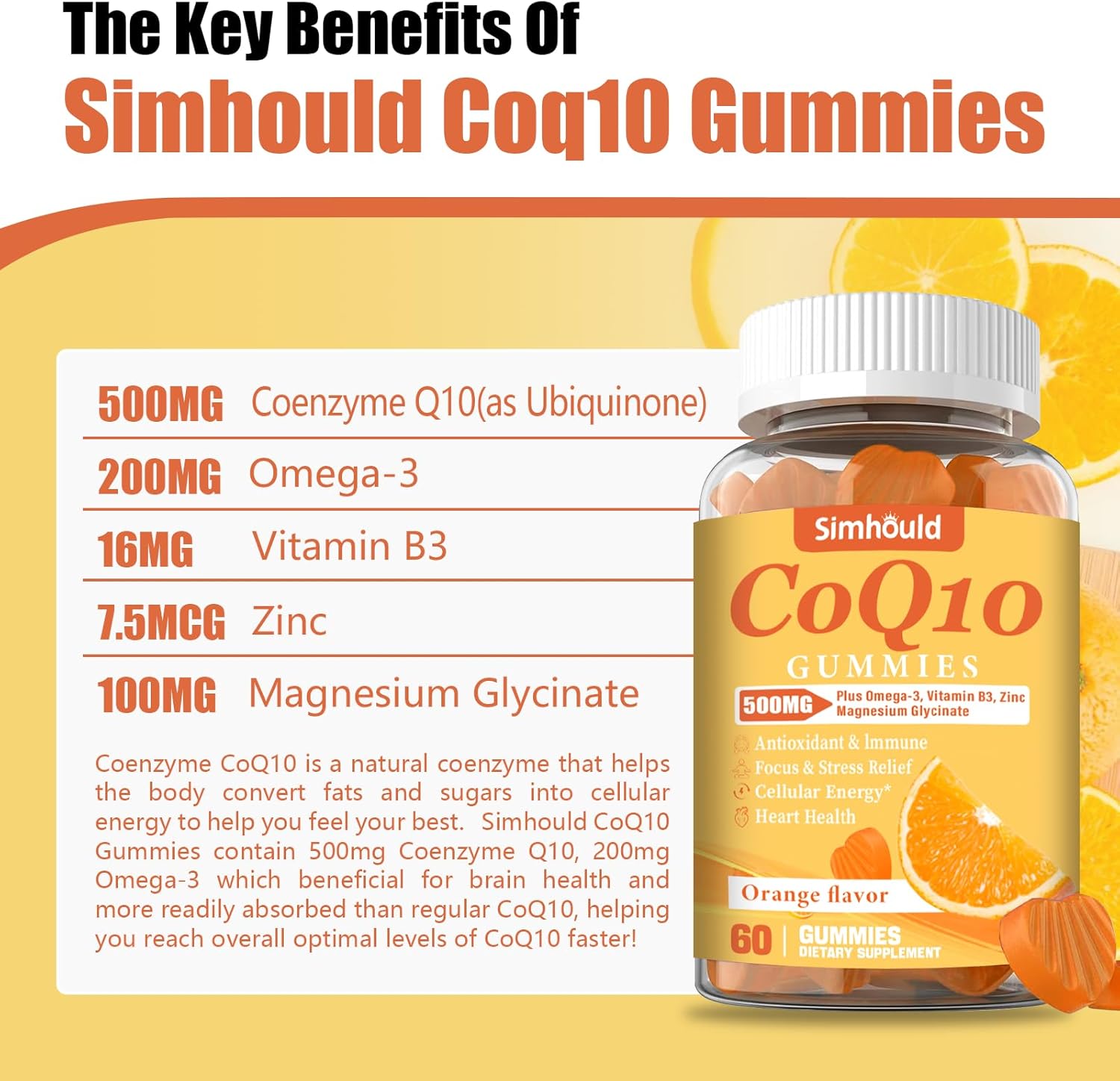 Simhould CoQ10 Gummies 500MG - 2 Pack with Omega-3, Magnesium, Vitamin B3 & Zinc - Heart Health, Energy, Antioxidant - Vegan, Non-GMO - 120 Count