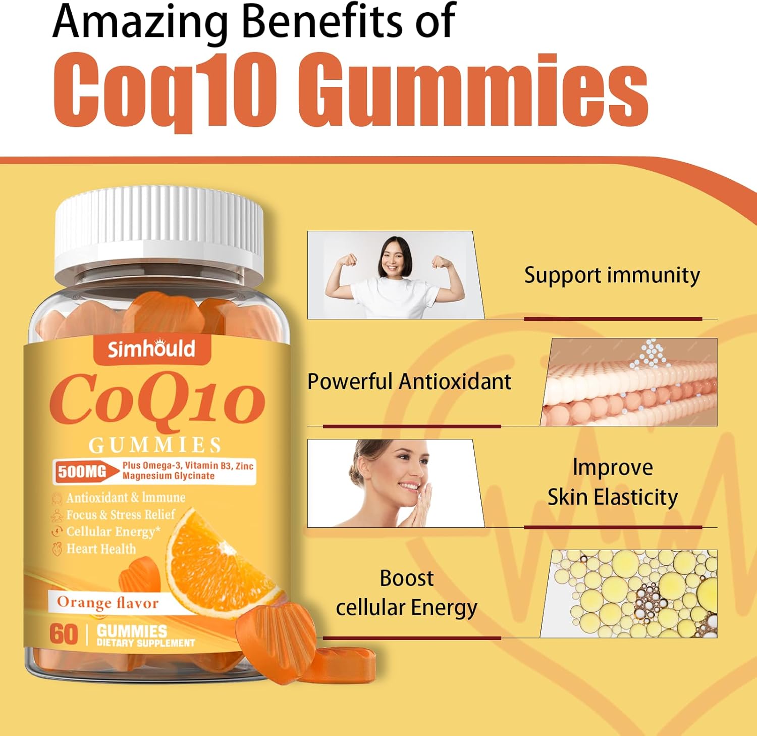 Simhould CoQ10 Gummies 500MG - 2 Pack with Omega-3, Magnesium, Vitamin B3 & Zinc - Heart Health, Energy, Antioxidant - Vegan, Non-GMO - 120 Count
