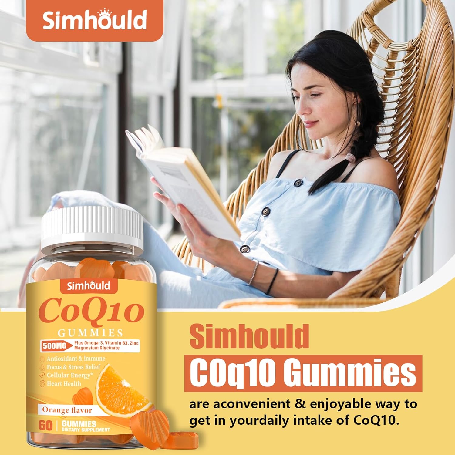 Simhould CoQ10 Gummies 500MG - 2 Pack with Omega-3, Magnesium, Vitamin B3 & Zinc - Heart Health, Energy, Antioxidant - Vegan, Non-GMO - 120 Count