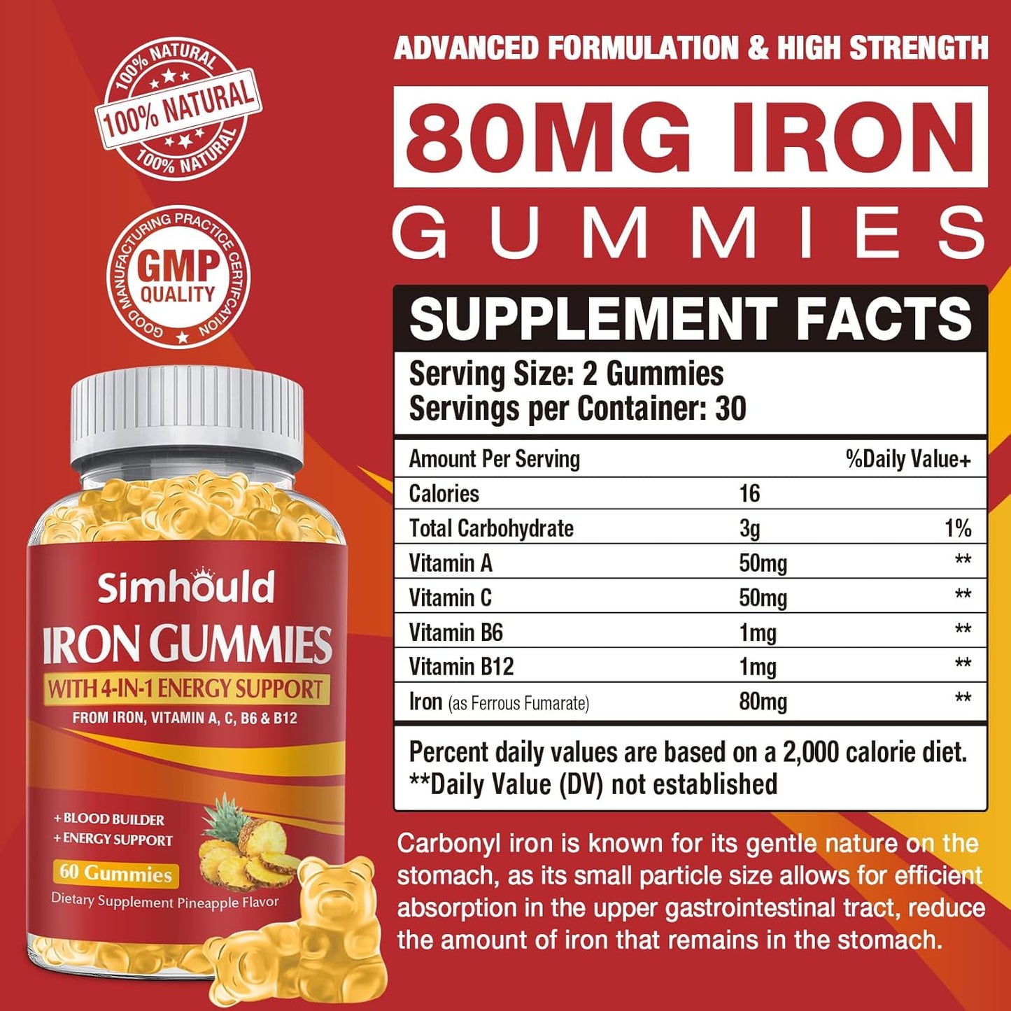 Simhould Iron Supplement Gummies - 80MG Vegan Vitamins for Adults & Kids - Pineapple Flavor - Blood Builder & Energy Support - 60 Count