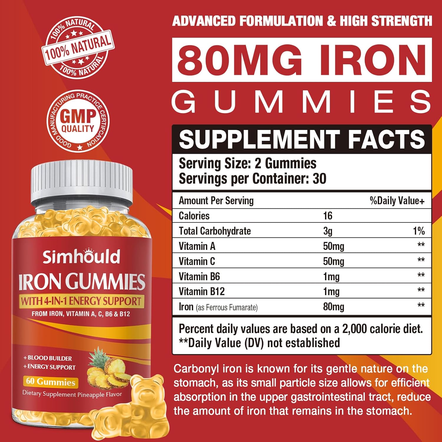Simhould Iron Supplement Gummies - 80MG Vegan Vitamins for Adults & Kids - Pineapple Flavor - Blood Builder & Energy Support - 60 Count