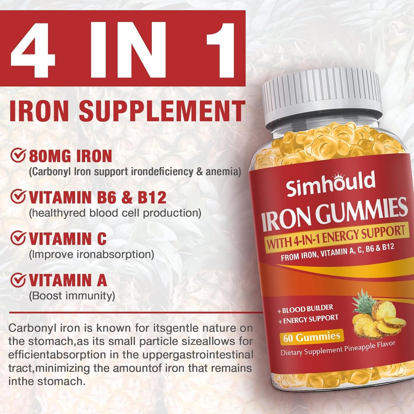 Simhould Iron Supplement Gummies - 80MG Vegan Vitamins for Adults & Kids - Pineapple Flavor - Blood Builder & Energy Support - 60 Count