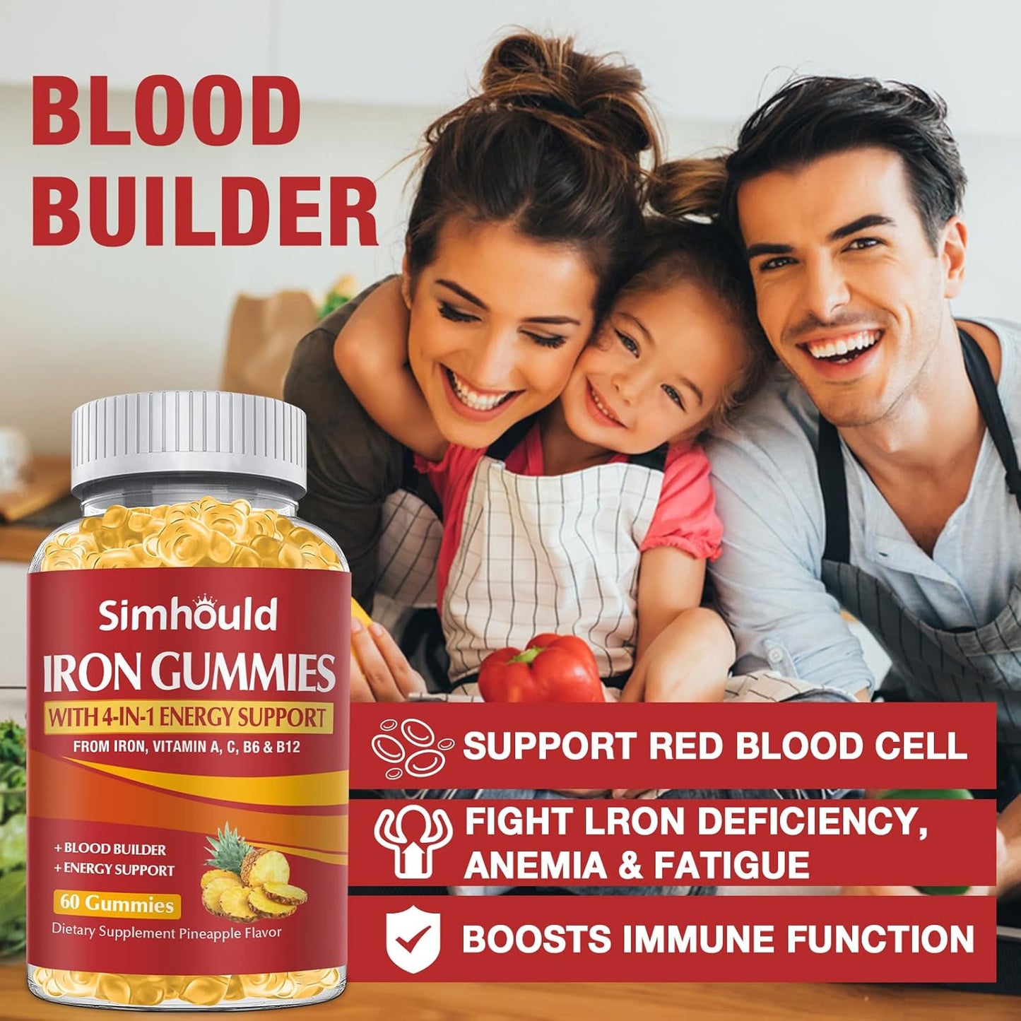 Simhould Iron Supplement Gummies - 80MG Vegan Vitamins for Adults & Kids - Pineapple Flavor - Blood Builder & Energy Support - 60 Count