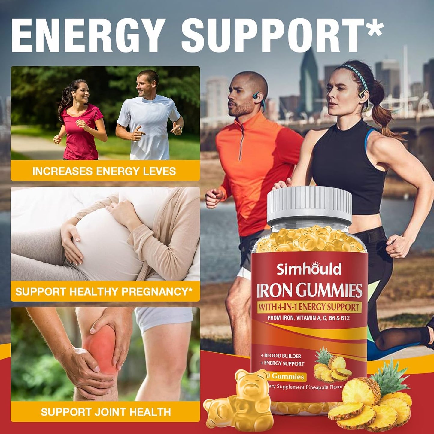 Simhould Iron Supplement Gummies - 80MG Vegan Vitamins for Adults & Kids - Pineapple Flavor - Blood Builder & Energy Support - 60 Count