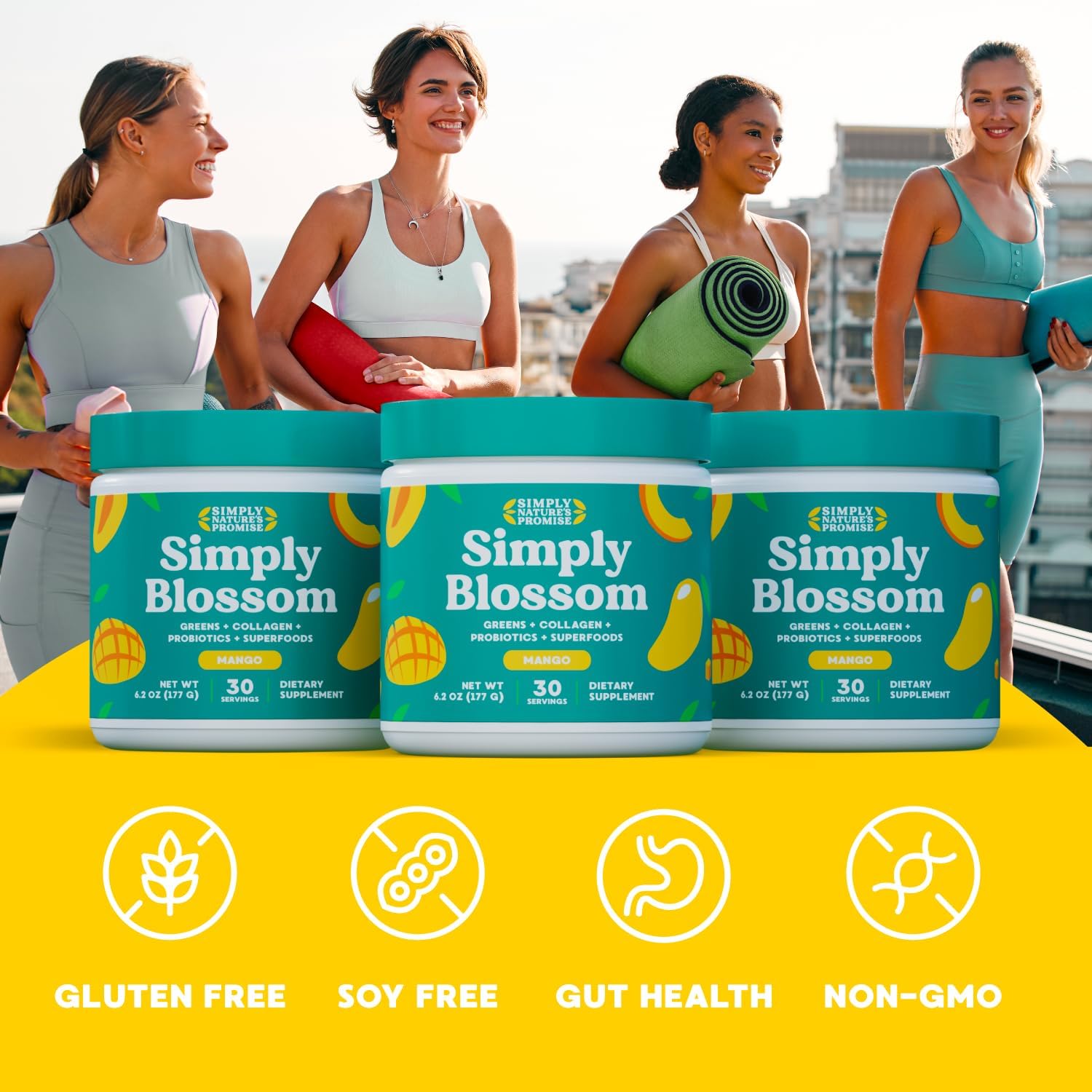 Simply Nature's Promise Women's Daily Greens & Superfood Powder with Collagen & Probiotics - 3 Month Supply, Mango Flavor for Digestive Health & Bloating Relief