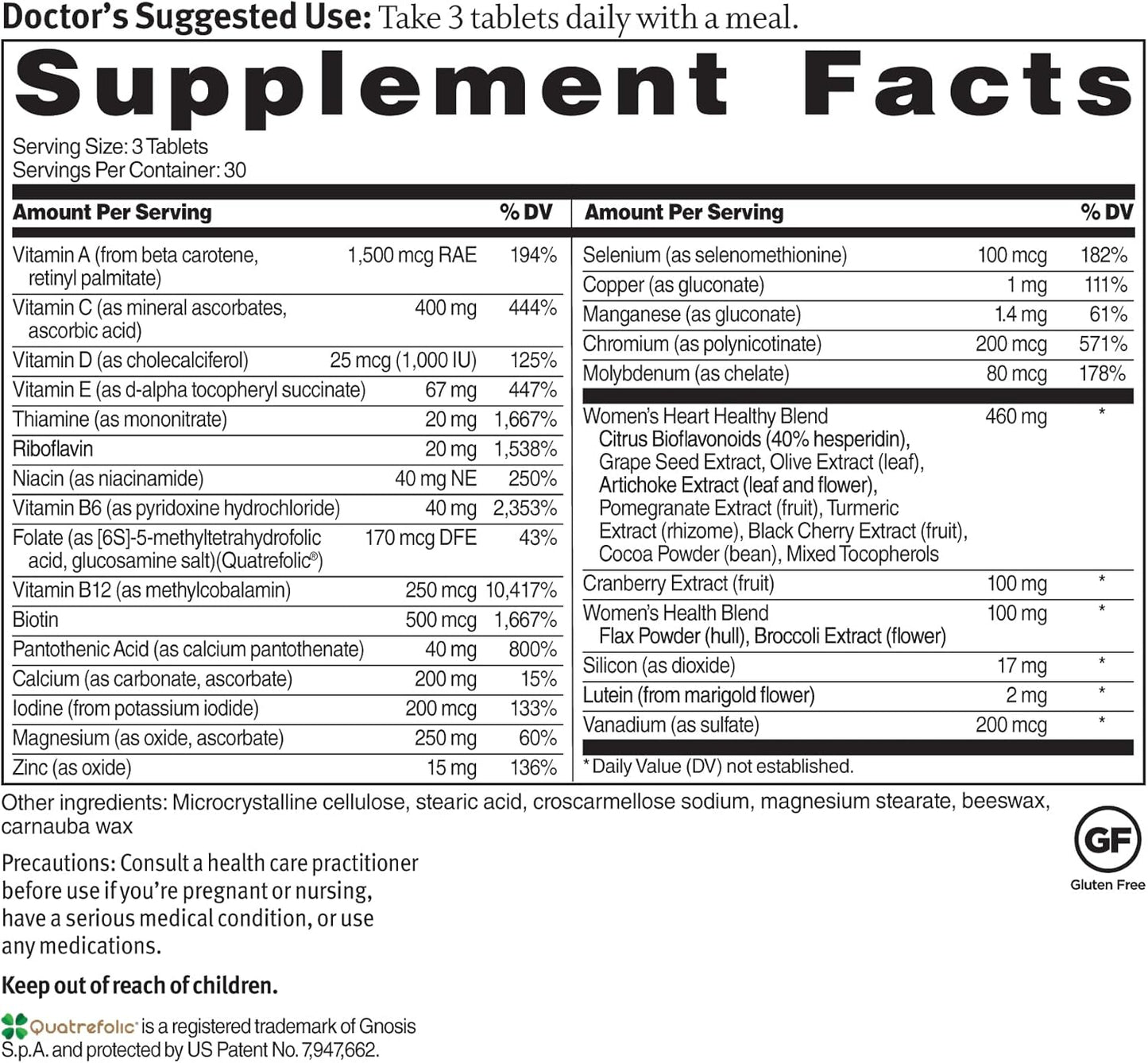 Sinatra Women's Heart Health Multivitamin with Vitamin D, A, B12, C, E, Biotin, Folate, Zinc - 90 Tablets