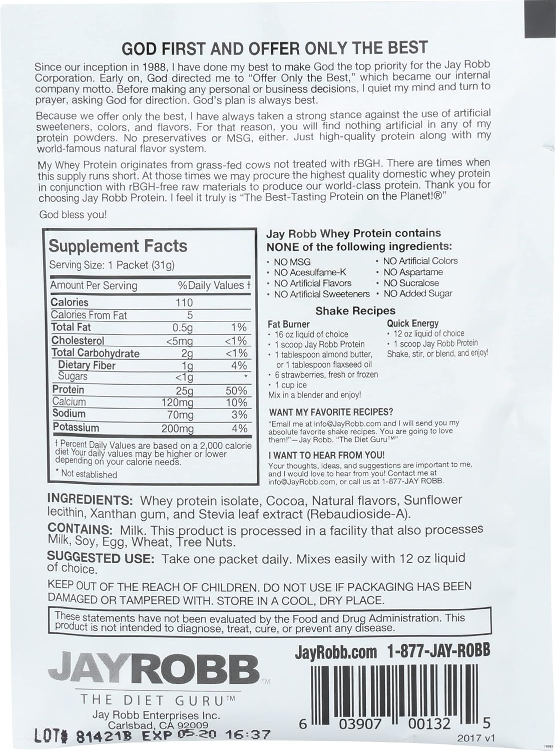 Single Packet of JAYROBB Jay Robb Chocolate Whey Protein Powder - 1.06 OZ