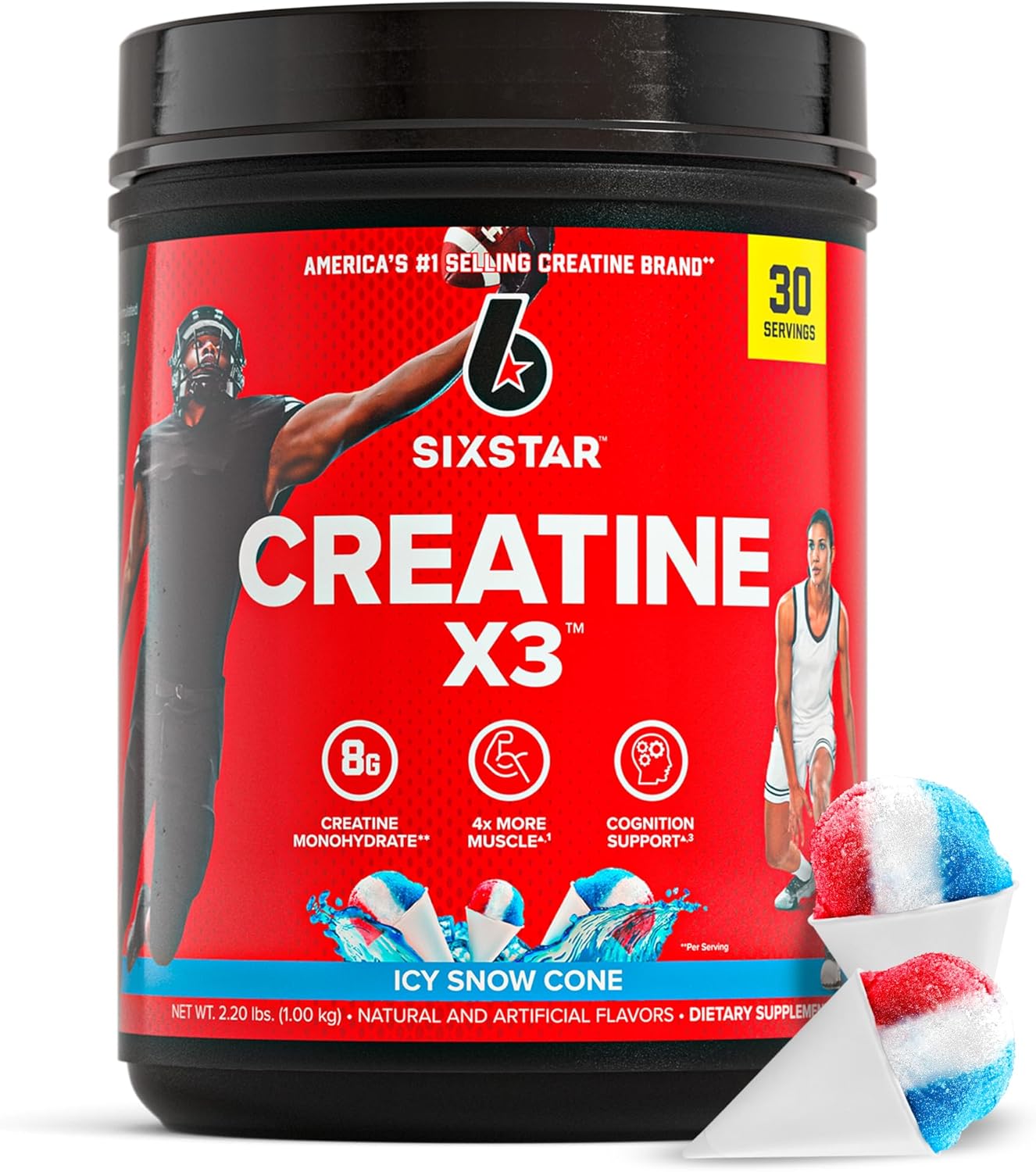 Six Star Creatine Monohydrate Powder X3 - ICY Snow Cone Flavor - Muscle Building & Performance Supplement - Post Workout for Men & Women - 30 Servings