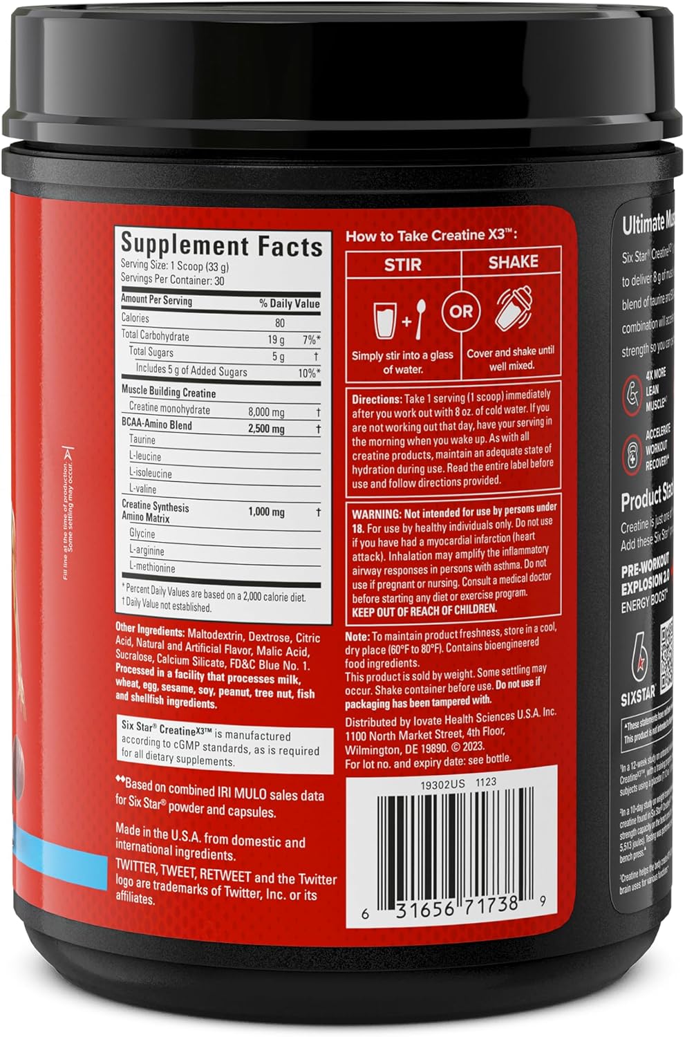 Six Star Creatine Monohydrate Powder X3 - ICY Snow Cone Flavor - Muscle Building & Performance Supplement - Post Workout for Men & Women - 30 Servings