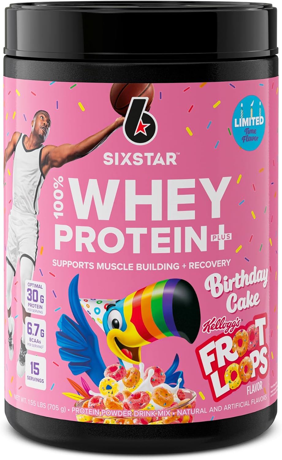 Six Star Whey Protein Powder Plus Kellogg’s Froot Loops Birthday Cake Flavor 1.5lb for Muscle Building & Recovery with Immune Support for Men & Women