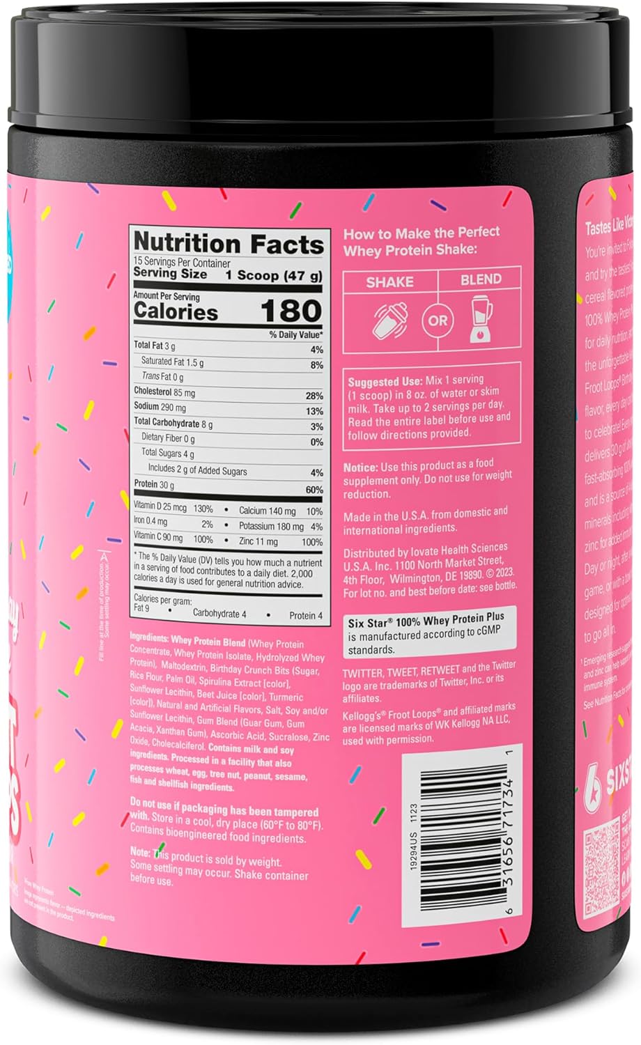 Six Star Whey Protein Powder Plus Kellogg’s Froot Loops Birthday Cake Flavor 1.5lb for Muscle Building & Recovery with Immune Support for Men & Women