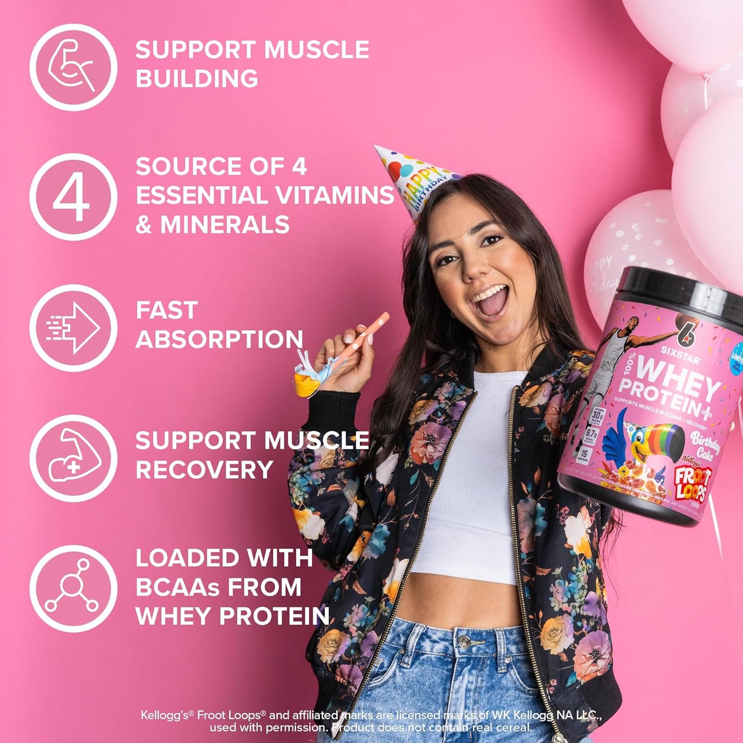 Six Star Whey Protein Powder Plus Kellogg’s Froot Loops Birthday Cake Flavor 1.5lb for Muscle Building & Recovery with Immune Support for Men & Women