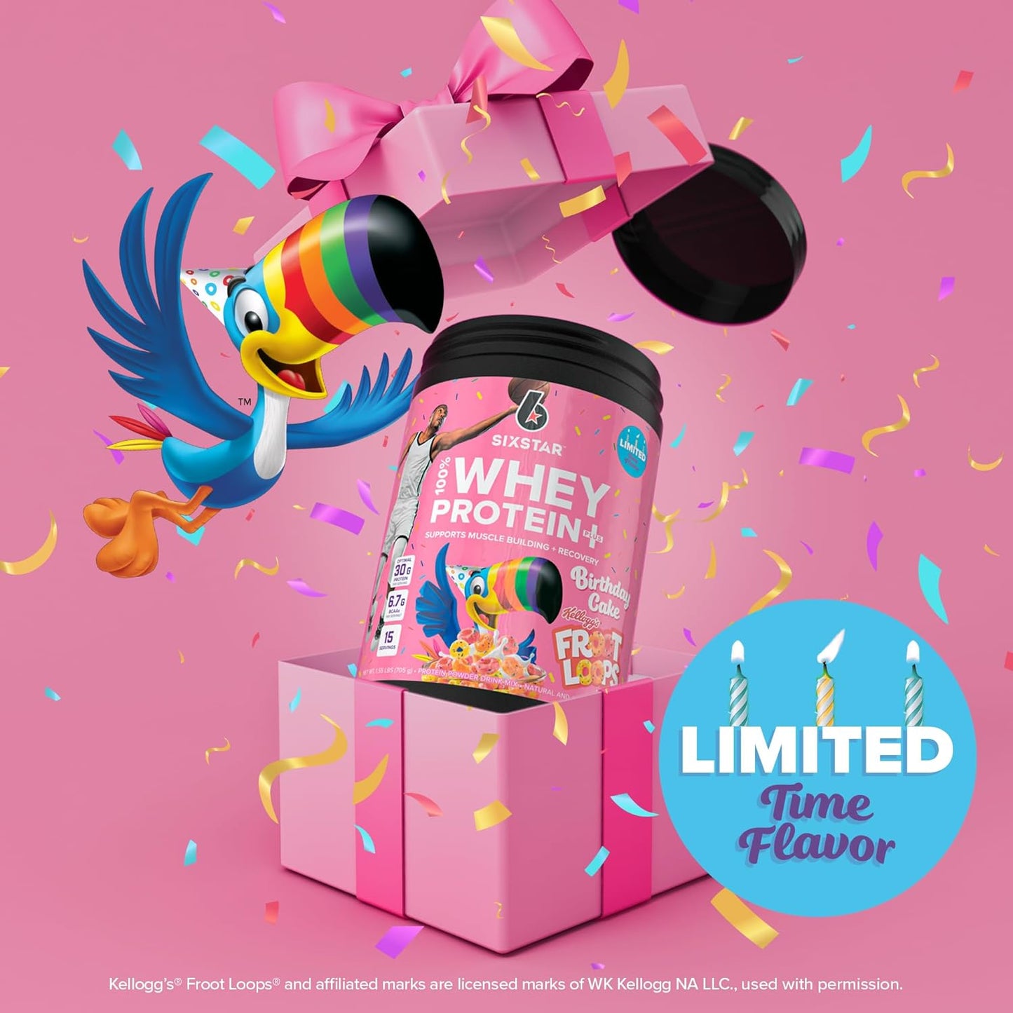 Six Star Whey Protein Powder Plus Kellogg’s Froot Loops Birthday Cake Flavor 1.5lb for Muscle Building & Recovery with Immune Support for Men & Women