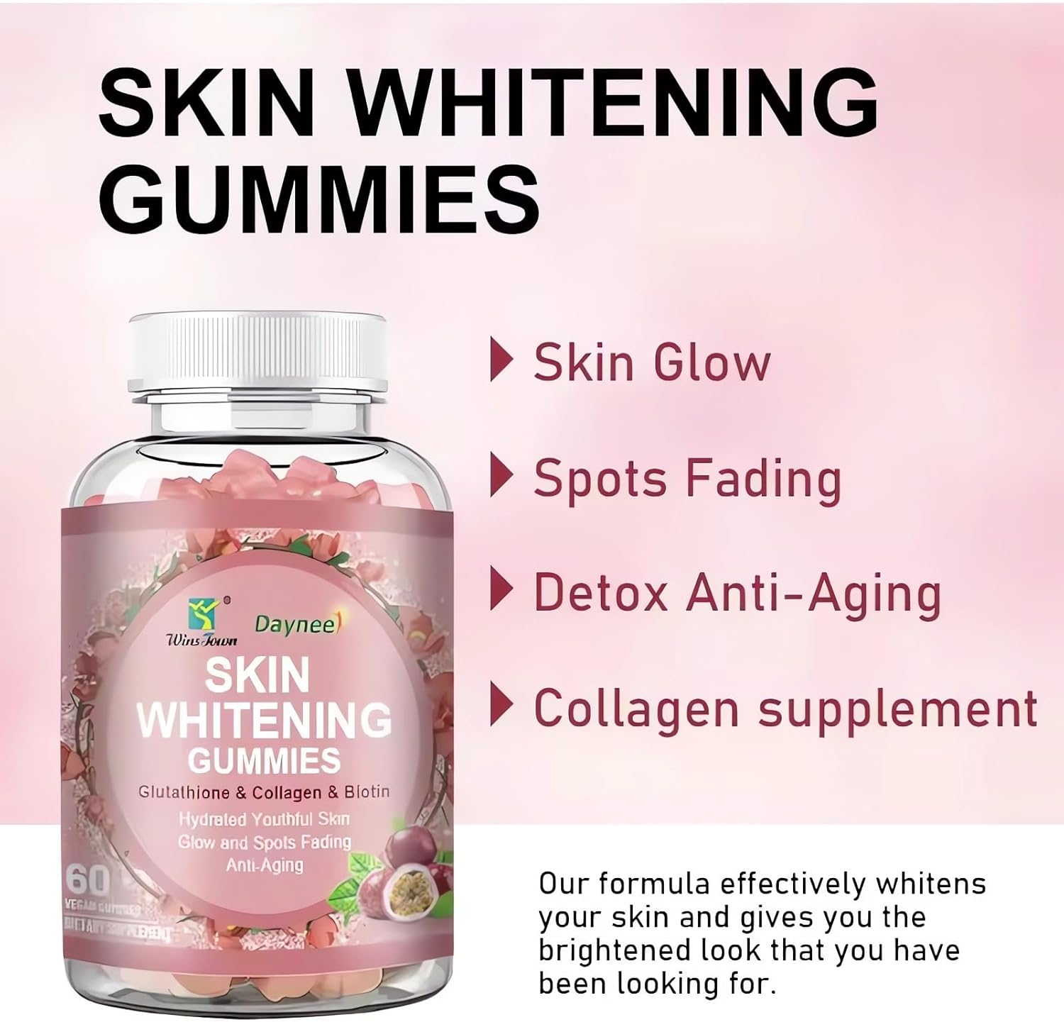 Skin Brightening Gummies with Glutathione, Collagen, and Bioth for Hydrated Youthful Skin - 60 Count