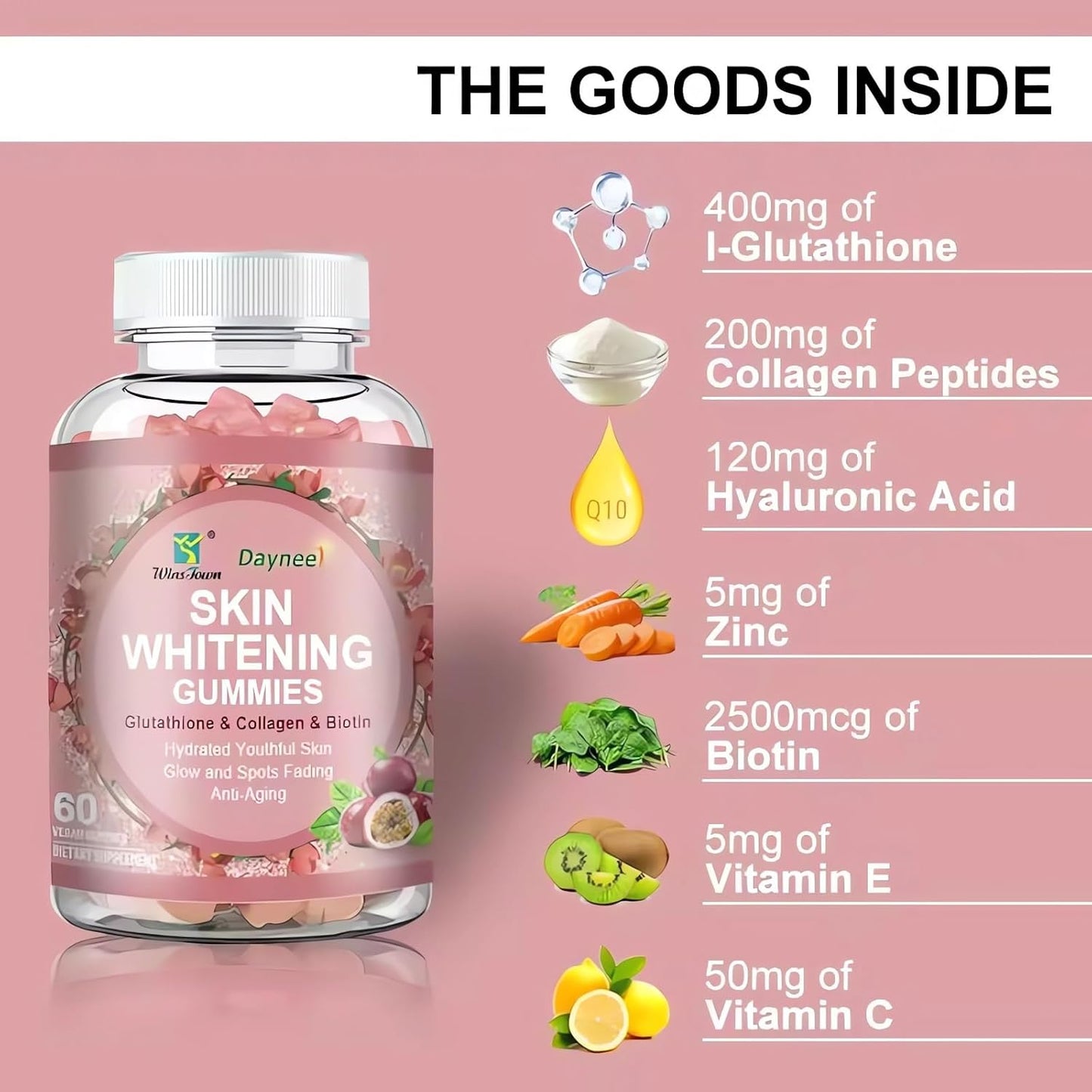 Skin Brightening Gummies with Glutathione, Collagen, and Bioth for Hydrated Youthful Skin - 60 Count