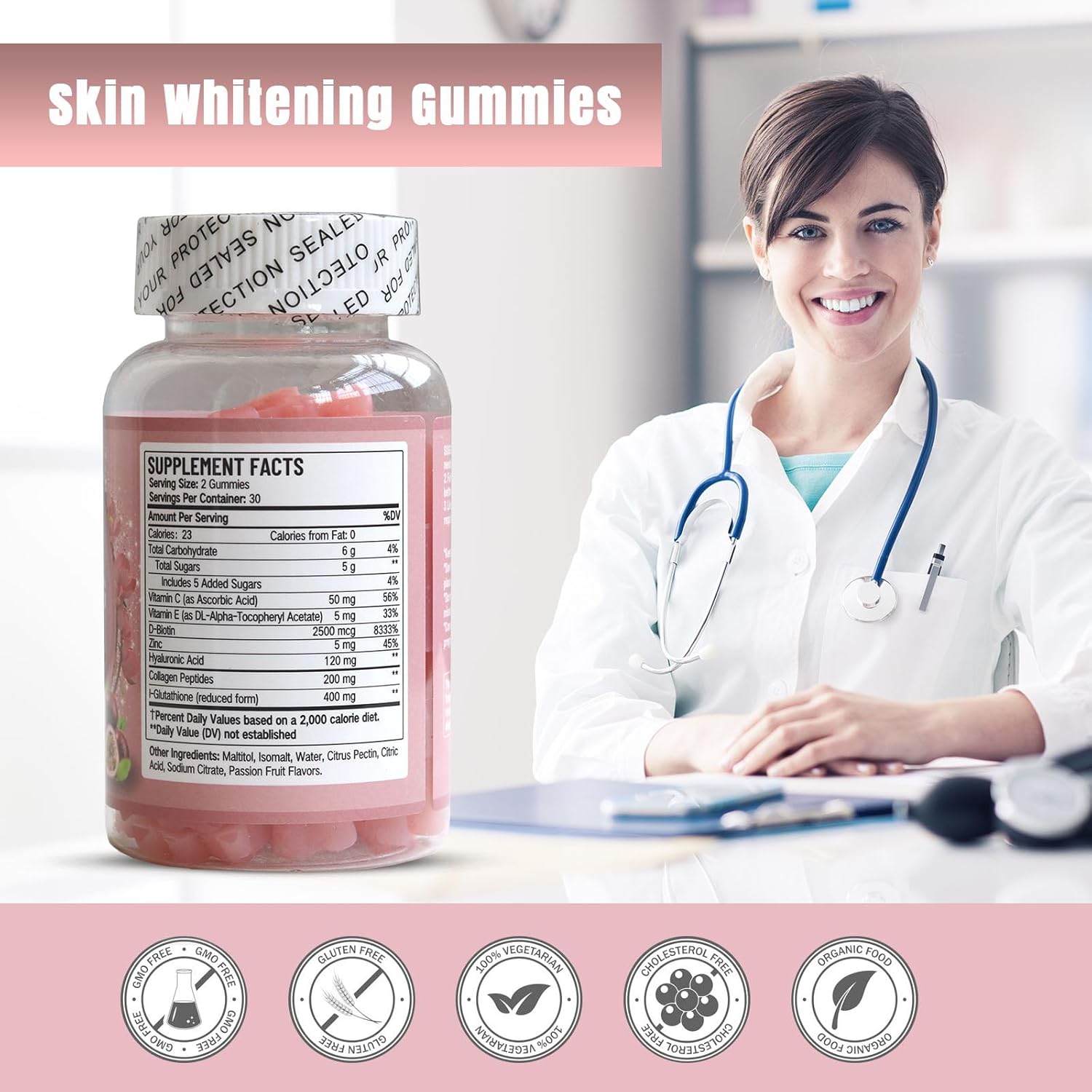 Skin Brightening Gummies with Glutathione, Collagen, and Bioth for Hydrated Youthful Skin - 60 Count
