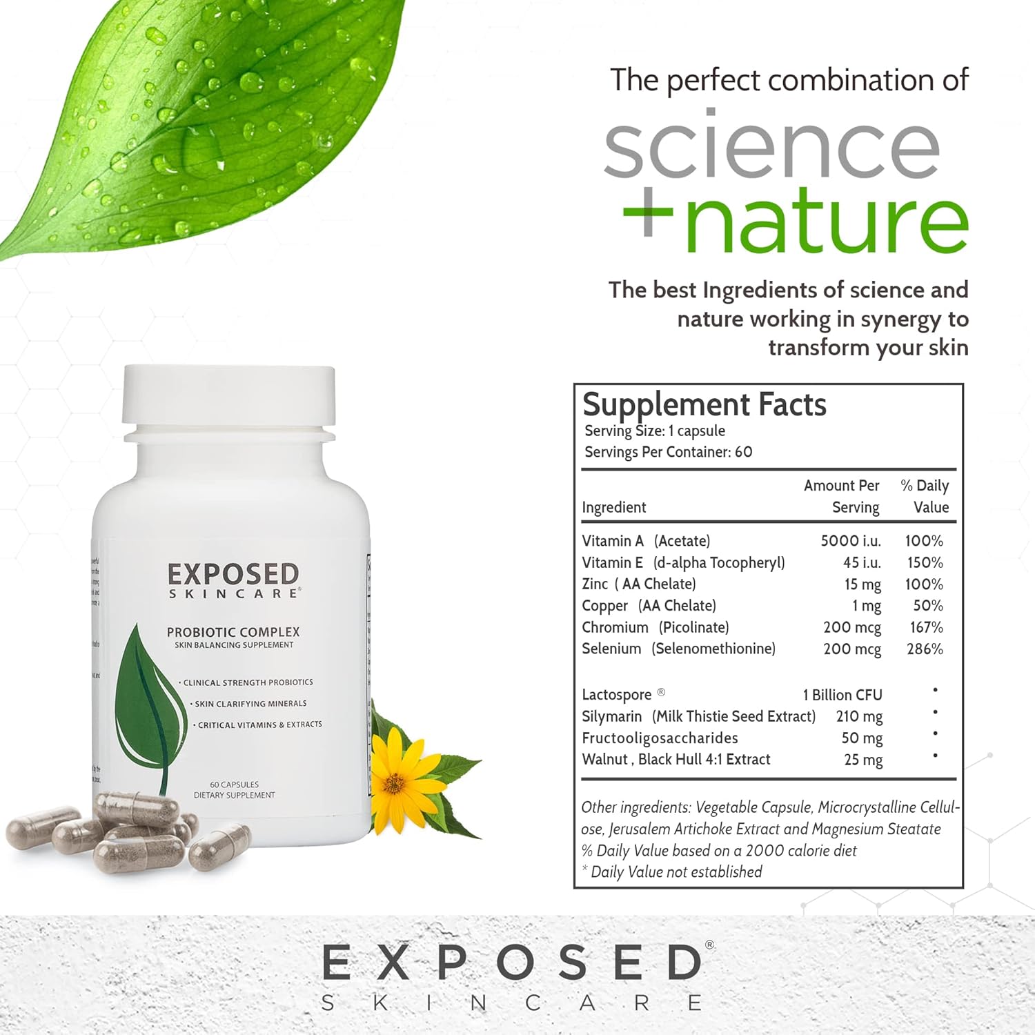 Skin Care Probiotic Supplement Complex: 1 Billion CFU for Clear Skin & Immune Health (60 Capsules)