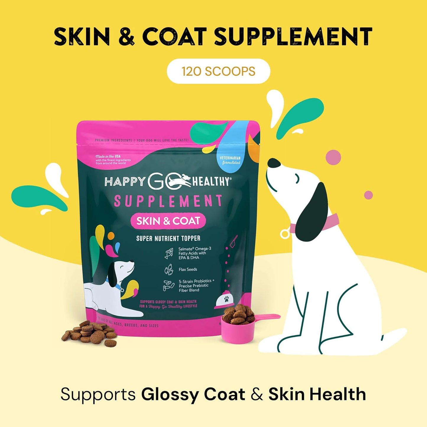 Skin & Coat Probiotic Supplement for Dogs with Wild Salmon Omega 3s - Promotes Healthy Shine Inside Out - 120 Count