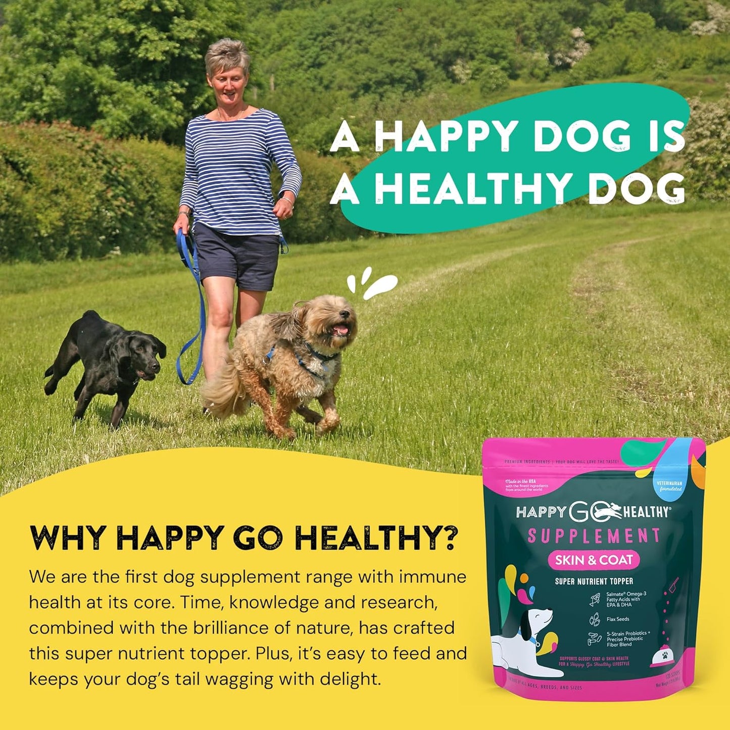 Skin & Coat Probiotic Supplement for Dogs with Wild Salmon Omega 3s - Promotes Healthy Shine Inside Out - 120 Count