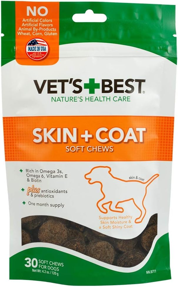 Skin & Coat Soft Chew Dog Supplements with Vitamin E & Biotin - Promotes Healthy Skin & Coat - 30 Day Supply