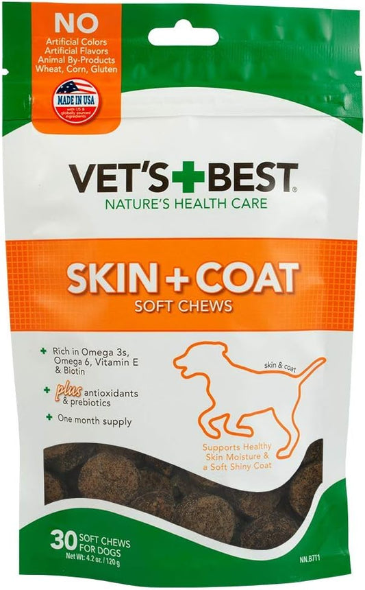 Skin & Coat Soft Chew Dog Supplements with Vitamin E & Biotin - Promotes Healthy Skin & Coat - 30 Day Supply