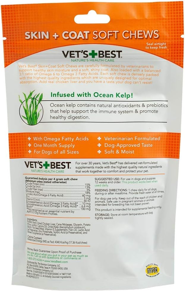 Skin & Coat Soft Chew Dog Supplements with Vitamin E & Biotin - Promotes Healthy Skin & Coat - 30 Day Supply