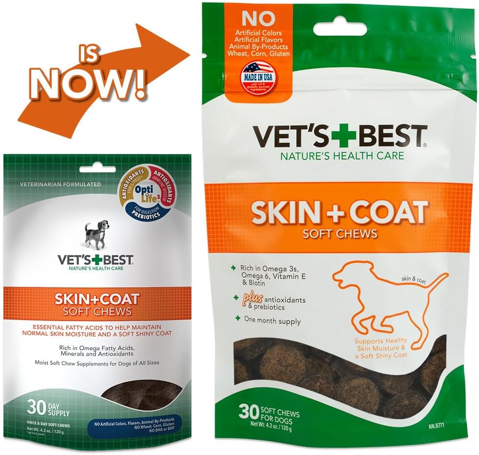 Skin & Coat Soft Chew Dog Supplements with Vitamin E & Biotin - Promotes Healthy Skin & Coat - 30 Day Supply