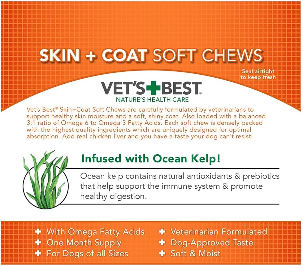 Skin & Coat Soft Chew Dog Supplements with Vitamin E & Biotin - Promotes Healthy Skin & Coat - 30 Day Supply