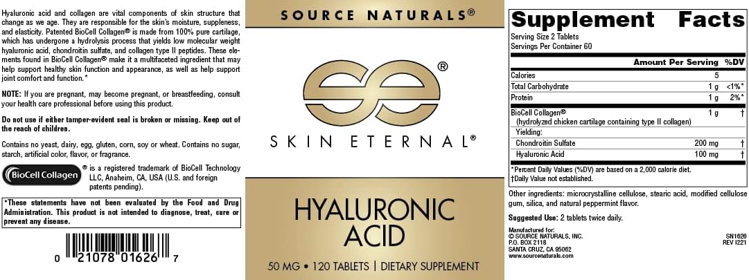 Skin Eternal Hyaluronic Acid Tablets - 50mg, 120 Count by Source Naturals