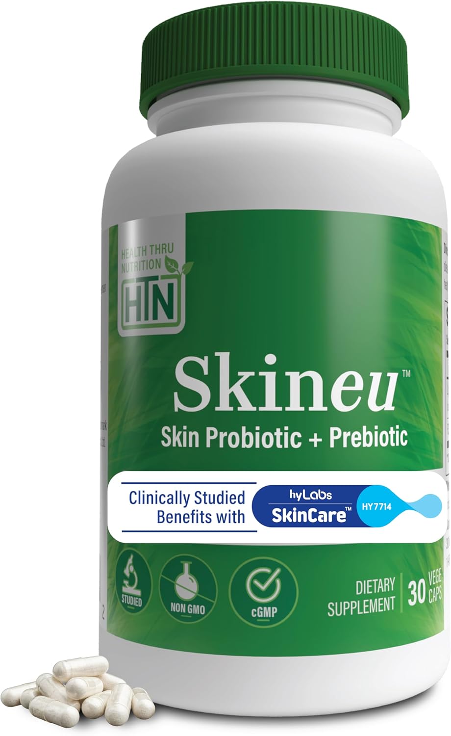 Skineu Skin Probiotic and Prebiotic for Hydration and Elasticity - Clinically Studied Ingredients - 30 VegeCapsules
