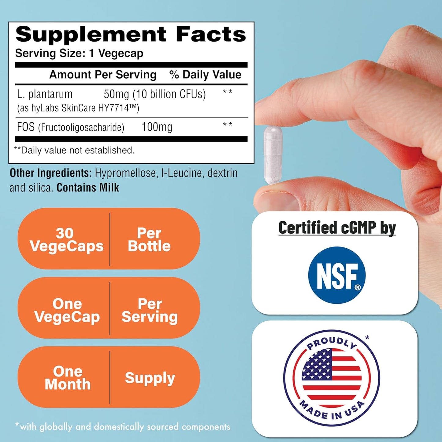 Skineu Skin Probiotic and Prebiotic for Hydration and Elasticity - Clinically Studied Ingredients - 30 VegeCapsules