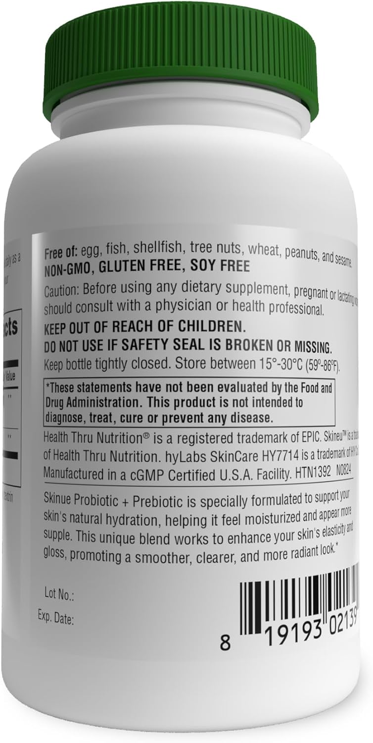 Skineu Skin Probiotic and Prebiotic for Hydration and Elasticity - Clinically Studied Ingredients - 30 VegeCapsules