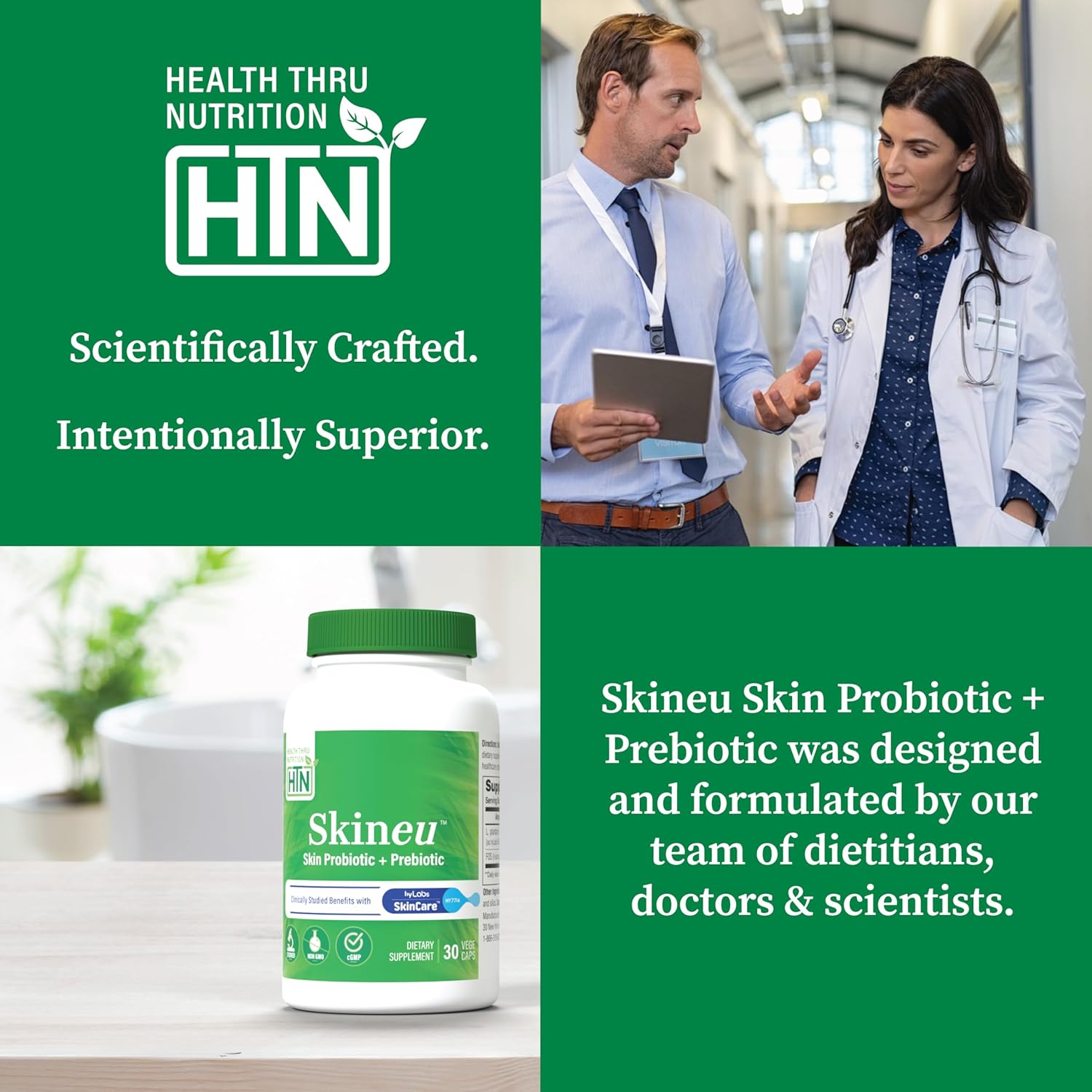 Skineu Skin Probiotic and Prebiotic for Hydration and Elasticity - Clinically Studied Ingredients - 30 VegeCapsules