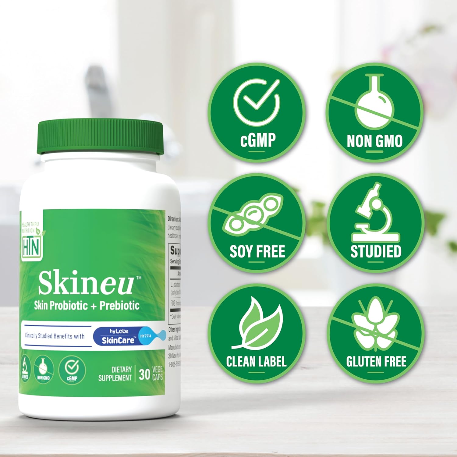 Skineu Skin Probiotic and Prebiotic for Hydration and Elasticity - Clinically Studied Ingredients - 30 VegeCapsules