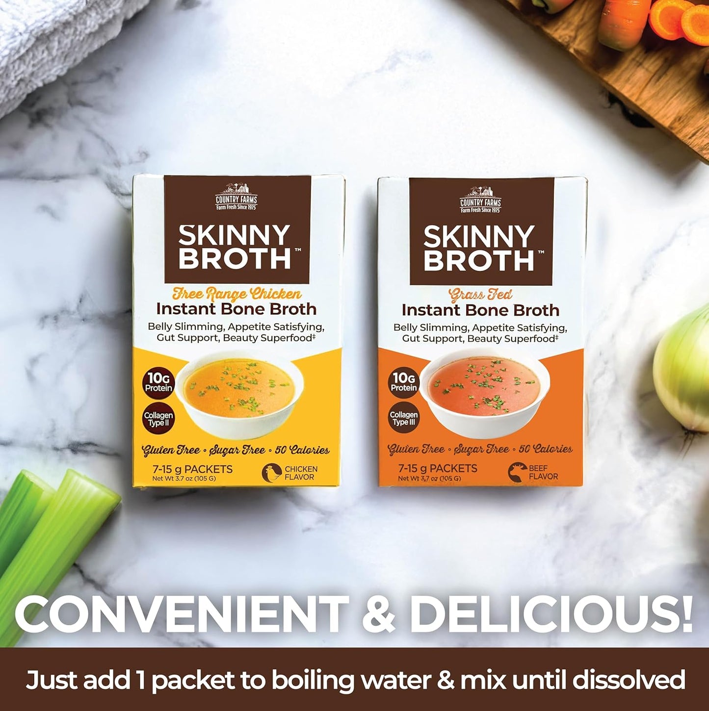 Skinny Broth 7-Day Plan with Instant Chicken and Beef Bone Broth - High Protein, Collagen, Digestive Support - 14-15g Packets for Bone and Joint Health