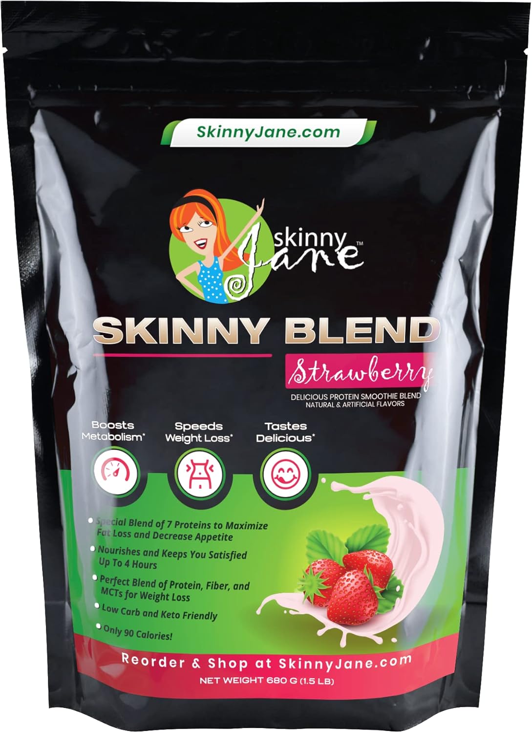 Skinny Jane Skinny Blend Strawberry Protein Shake for Women - Best-Tasting Meal Replacement for Slim Fast Weight Loss - Low Carb Breakfast with Appetite Suppressant - 30 Delicious Shakes