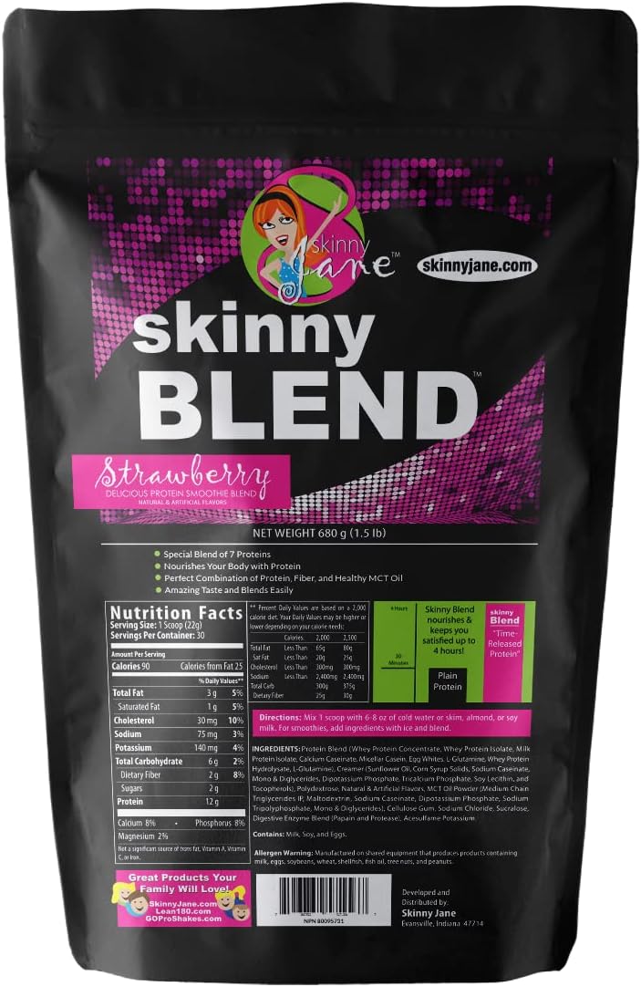 Skinny Jane Skinny Blend Strawberry Protein Shake for Women - Best-Tasting Meal Replacement for Slim Fast Weight Loss - Low Carb Breakfast with Appetite Suppressant - 30 Delicious Shakes