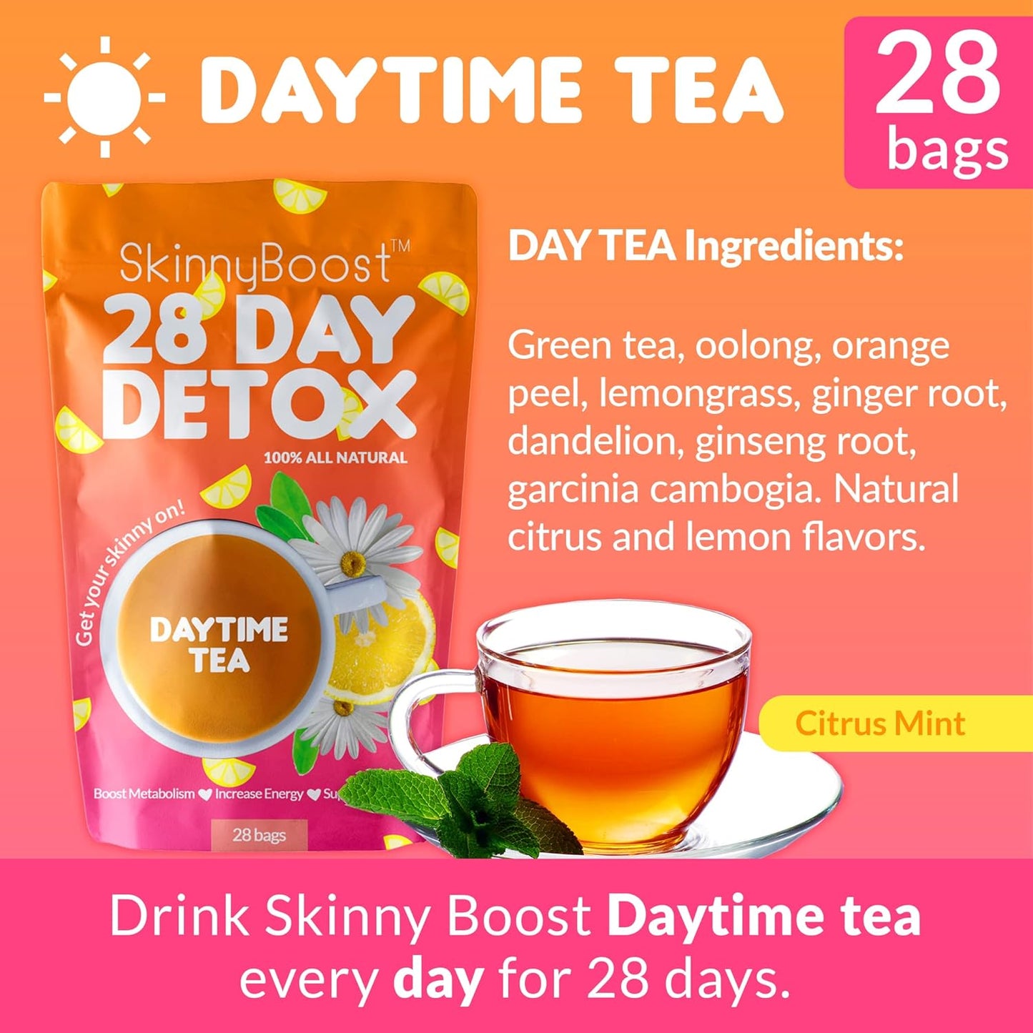 SkinnyBoost 28 Day Detox Daytime Tea - 28 Tea Bags for Metabolism Boost & Detox - All Natural, Non-GMO, Vegan, Keto Friendly