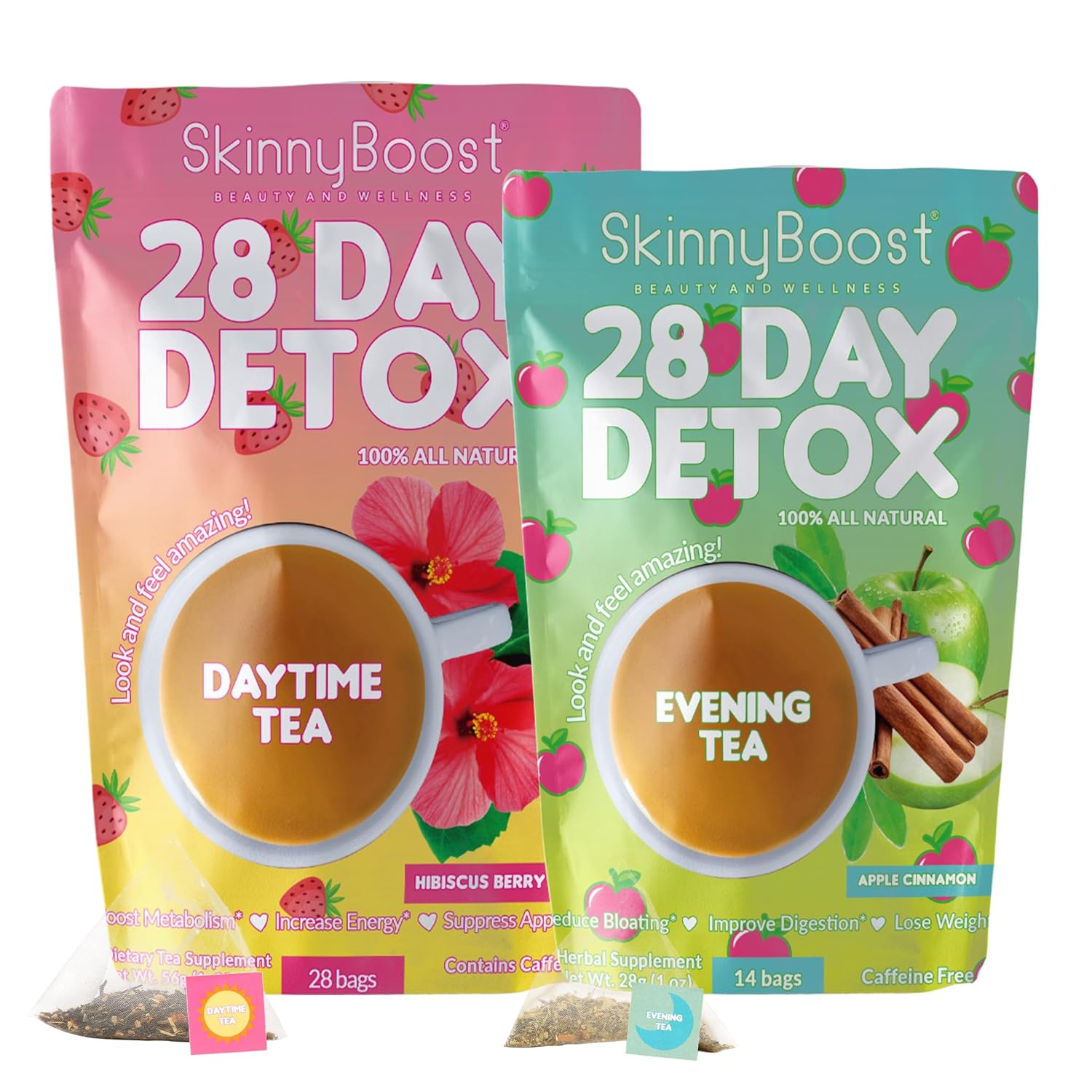 SkinnyBoost 28 Day Detox Tea Kit: Daytime Hibiscus & Evening Apple Cinnamon - Non-GMO, Vegan, All Natural Tea for Bloating Reduction
