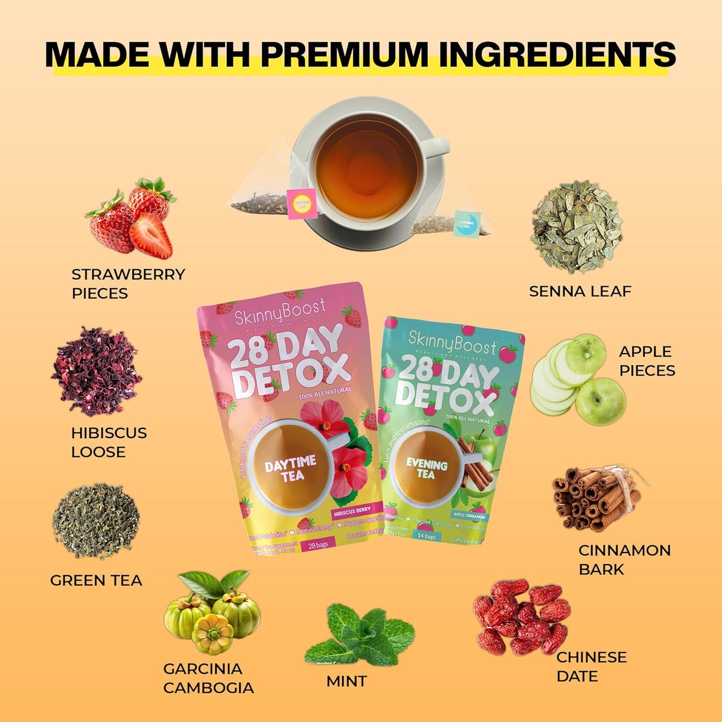 SkinnyBoost 28 Day Detox Tea Kit: Daytime Hibiscus & Evening Apple Cinnamon - Non-GMO, Vegan, All Natural Tea for Bloating Reduction