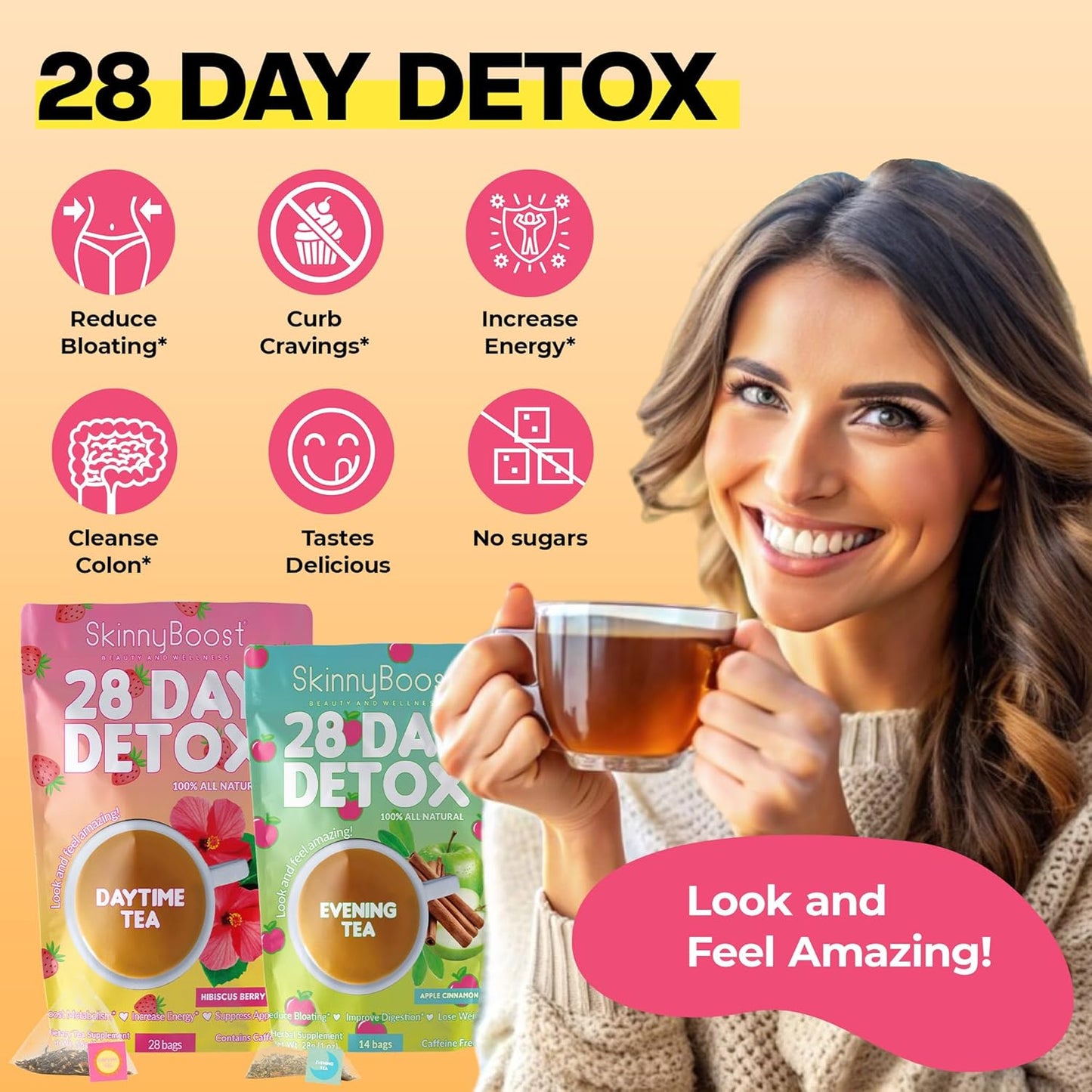 SkinnyBoost 28 Day Detox Tea Kit: Daytime Hibiscus & Evening Apple Cinnamon - Non-GMO, Vegan, All Natural Tea for Bloating Reduction