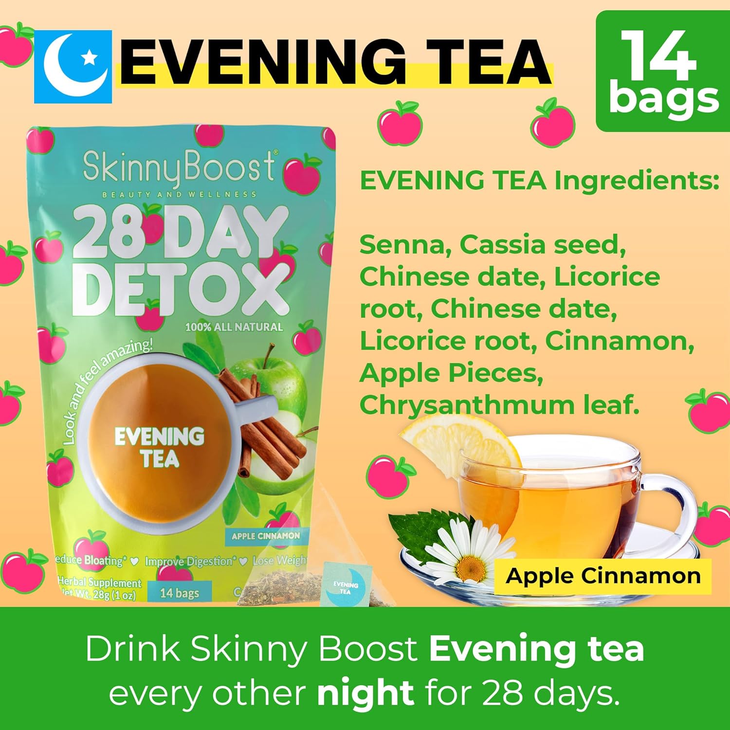 SkinnyBoost 28 Day Detox Tea Kit: Daytime Hibiscus & Evening Apple Cinnamon - Non-GMO, Vegan, All Natural Tea for Bloating Reduction
