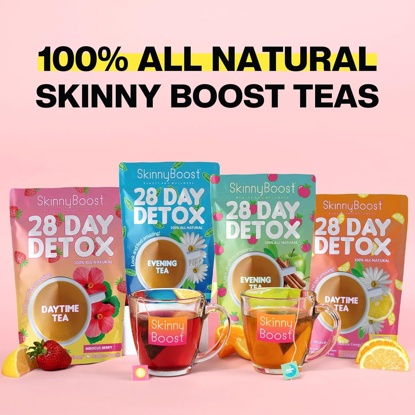 SkinnyBoost 28 Day Detox Tea Kit: Daytime Hibiscus & Evening Apple Cinnamon - Non-GMO, Vegan, All Natural Tea for Bloating Reduction