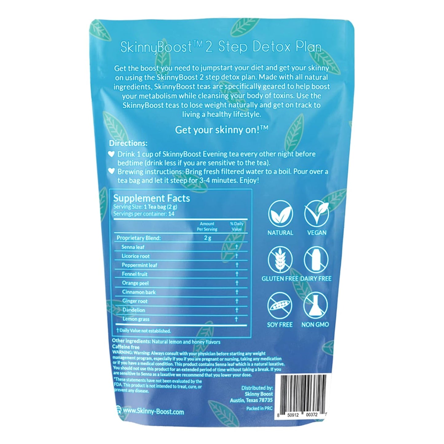 SkinnyBoost Evening Detox Tea - 14 Bags, Supports Cleanse, Reduces Bloating, All Natural, Vegan & Non GMO