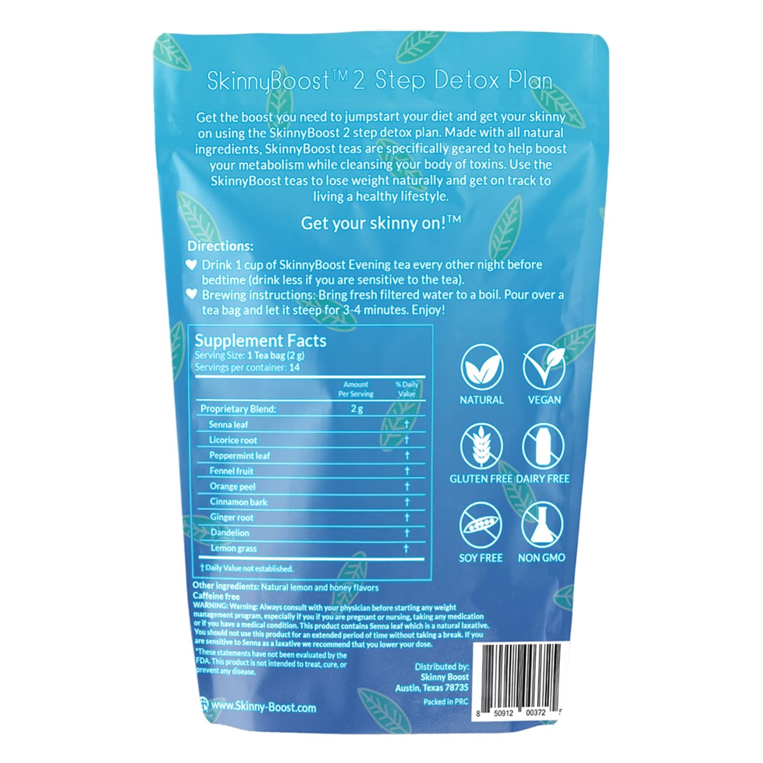 SkinnyBoost Evening Detox Tea - 14 Bags, Supports Cleanse, Reduces Bloating, All Natural, Vegan & Non GMO