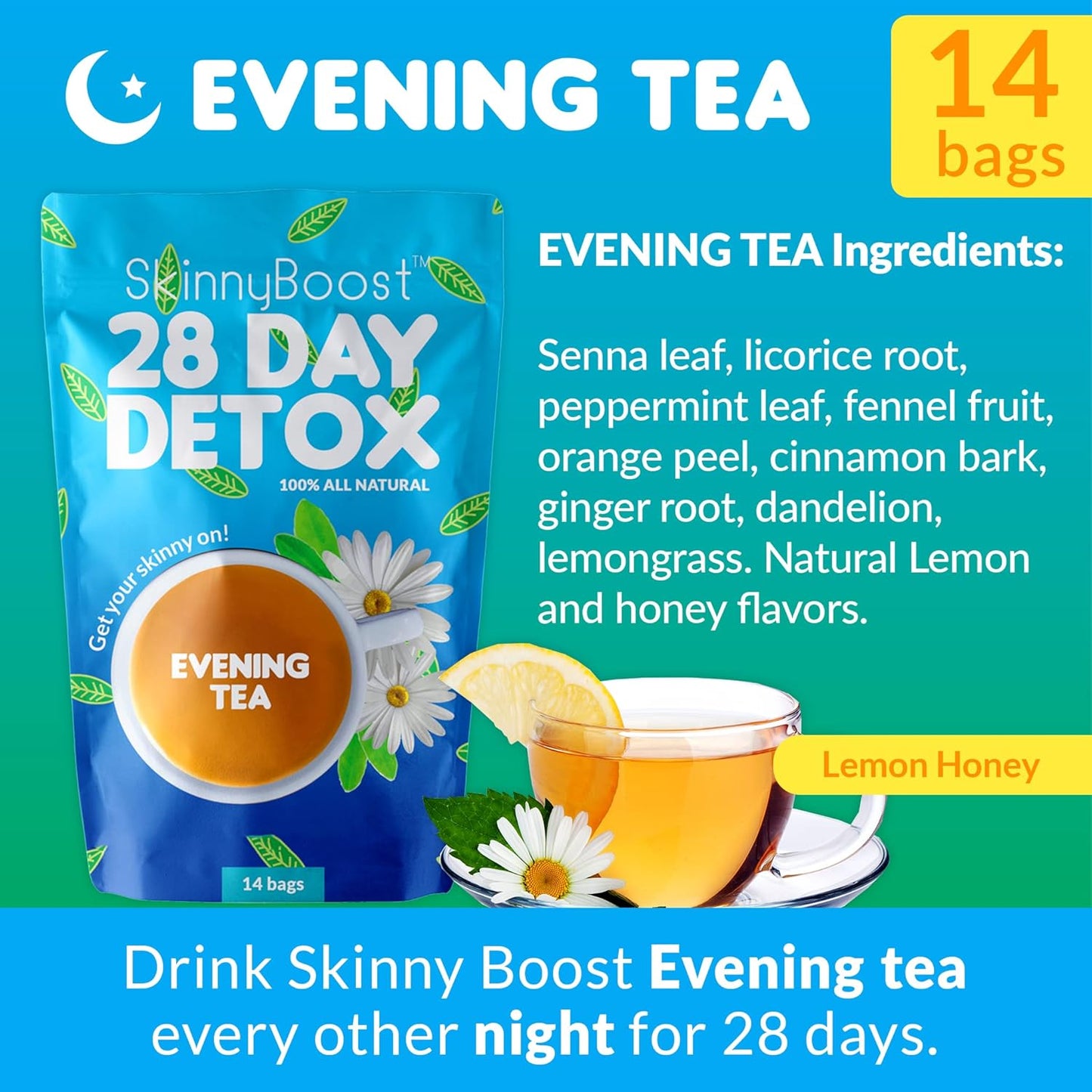 SkinnyBoost Evening Detox Tea - 14 Bags, Supports Cleanse, Reduces Bloating, All Natural, Vegan & Non GMO