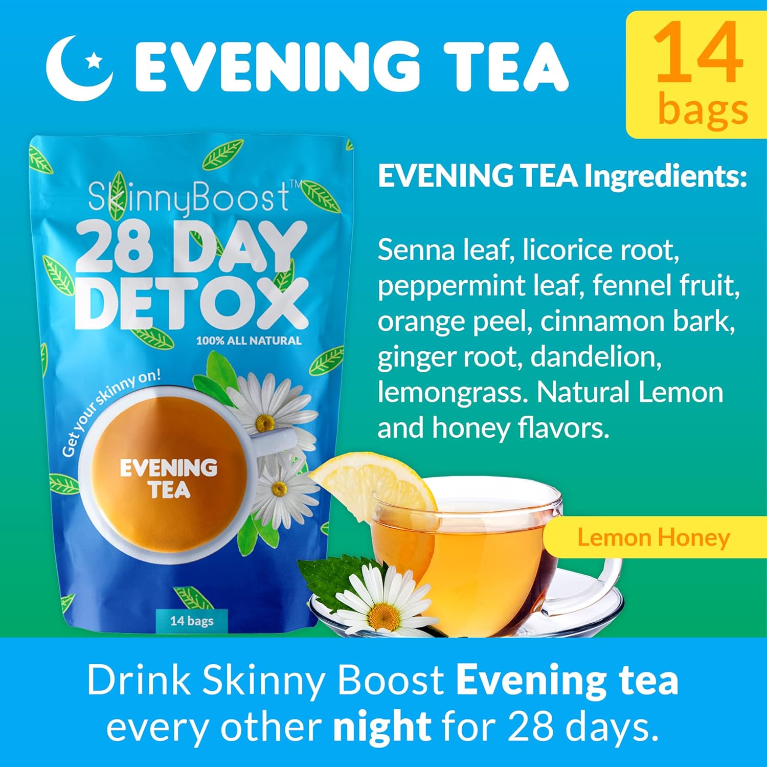 SkinnyBoost Evening Detox Tea - 14 Bags, Supports Cleanse, Reduces Bloating, All Natural, Vegan & Non GMO