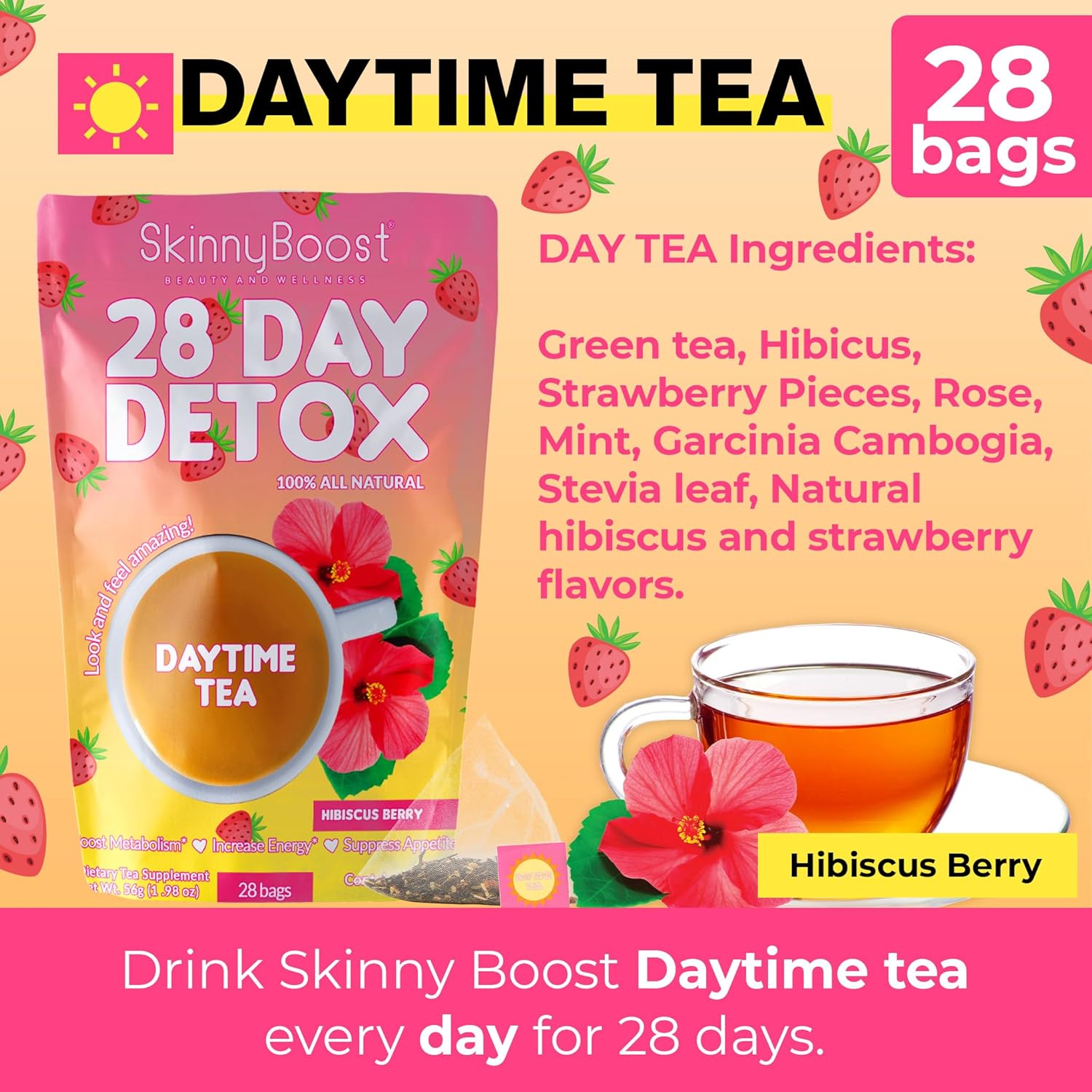 SkinnyBoost Hibiscus Berry Detox Tea - 28 Day Supply for Metabolism Boost and Detox - All Natural, Non GMO, Vegan, Keto Friendly