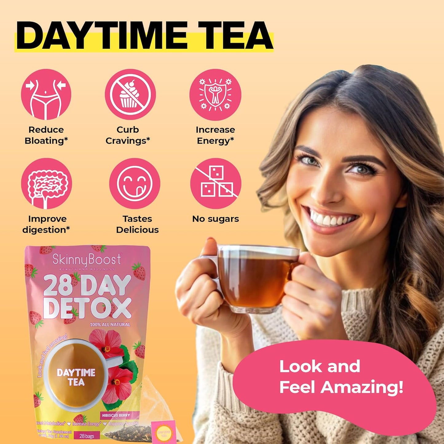 SkinnyBoost Hibiscus Berry Detox Tea - 28 Day Supply for Metabolism Boost and Detox - All Natural, Non GMO, Vegan, Keto Friendly
