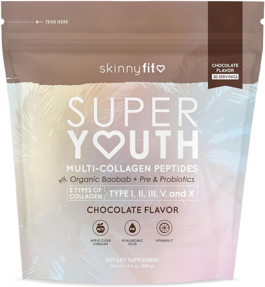 SkinnyFit Super Youth Chocolate Multi-Collagen Peptides with Probiotics, Baobab Fiber, Apple Cider Vinegar, Hyaluronic Acid, Vitamin C - Skin, Hair, Joint, Metabolism Support - 30 Servings